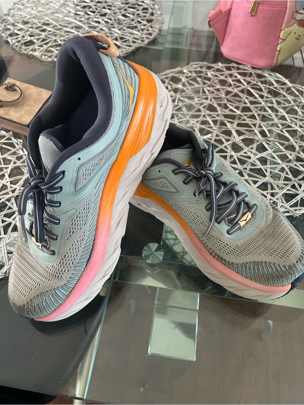 Hoka Women’s One One  Bondi 7 Sneakers - Mint Blue with Orange and Pink Accents